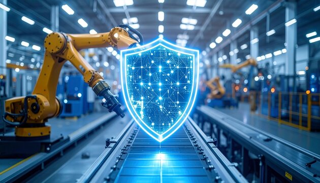 Futuristic industrial robots with cybersecurity shield in factory sett