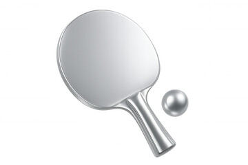 Metallic ping pong paddle and ball floating against transparent backdrop, highlighting minimalist sports design with contemporary visual appeal