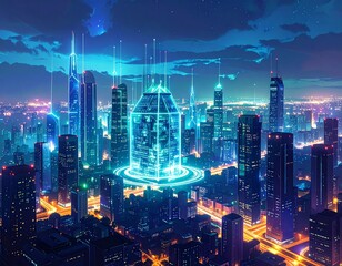 Obraz premium Futuristic city skyline with glowing skyscrapers and neon lights