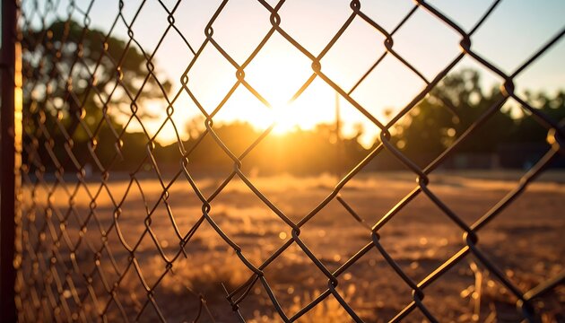 Sun Setting Behind a Metal Chain Link Fence in Golden Hour