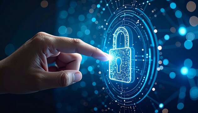 Hand interacting with digital secure lock hologram symbolizing securit - Powered by Adobe