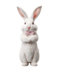 Obraz premium A white rabbit with a pink bowtie stands with its arms crossed