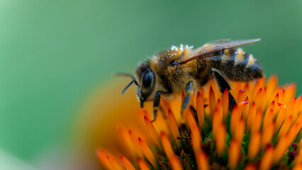 Macro detail of a bee collecting pollen on a vibrant orange flower. Natural shot.
