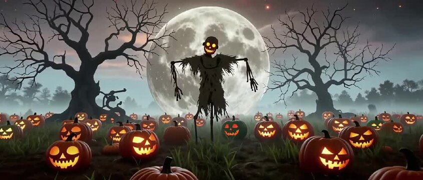 Scary Scarecrow  in a Halloween Night Landscape