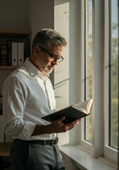 Fototapeta premium Middle Aged Man Reading Book Near Window