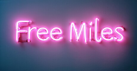 Bright pink neon sign displays words Free Miles. Simple background creates strong visual impact. Modern aesthetic, bold lettering.