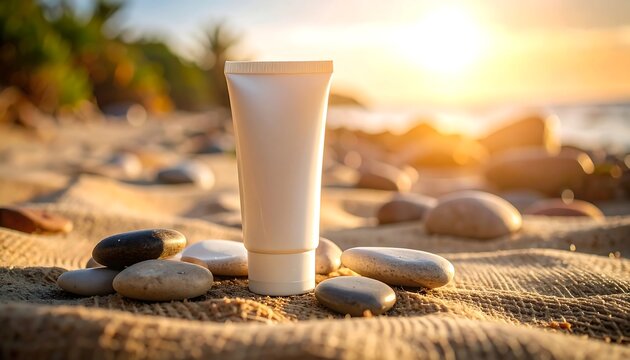 Tube on Sandy Beach with Sunlight and Pebbles for Skincare Mockup