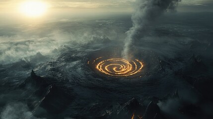 Volcanic Spiral Eruption Smoke and Lava in a Fiery Crater