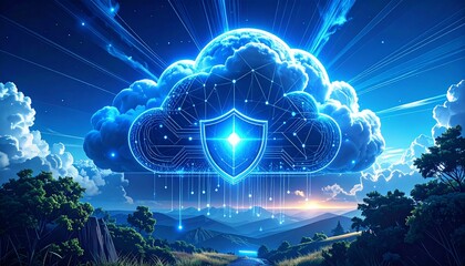 Digital shield protecting cloud technology with vibrant blue visuals