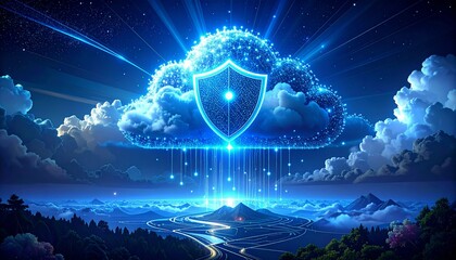 Futuristic cloud with digital shield symbolizing data security concept