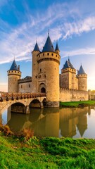 Fototapeta premium Medieval castle by a moat at sunset