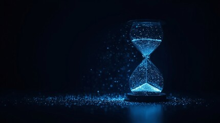 Glowing hourglass with shining sand particles on dark background, futuristic concept of time, countdown and eternity, abstract design with sparkling blue light and magical atmosphere
