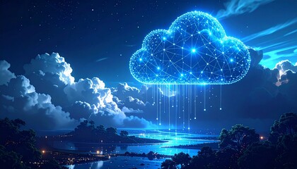 Futuristic cloud computing over serene night landscape with stars