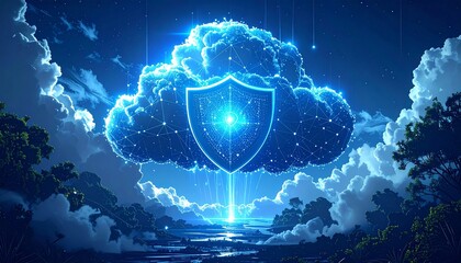 Digital cloud protection concept with glowing shield and data streams