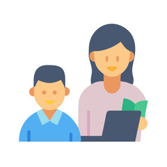Mother and son using computer with book illustration flat