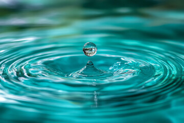 A single water droplet suspended above a turquoise pool creating ripples and reflections in the water