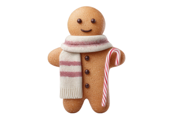 Gingerbread man cookie wearing a scarf and holding a candy cane, isolated on transparent background