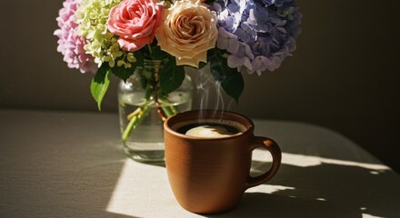 Warm Sunlight Illuminates a Clay Mug of Coffee Next to Vibrant Flower Bouquet