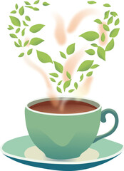 Illustration of a green cup filled with coffee, releasing heart-shaped steam decorated with floating green leaves.
