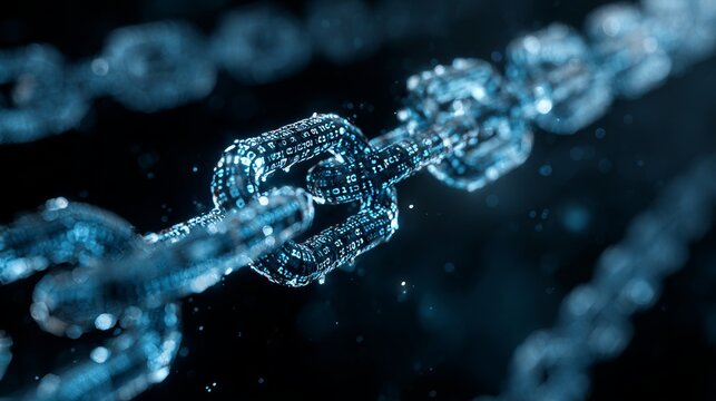 Digital blue chain of blocks with a binary code background - Powered by Adobe