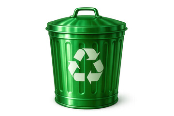 Metallic green recycling bin with recycling symbol, promoting waste sorting and environmental responsibility, on transparent background