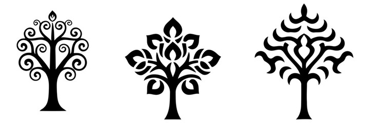 A versatile set of three abstract tree silhouettes, featuring ornamental and decorative designs, Vectore, perfect as icons or logos. 0019