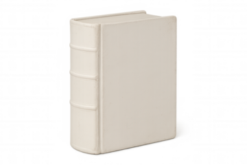 White hardcover book standing upright, transparent background, perfect for design mockups, branding, educational graphics