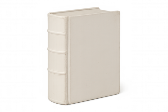 White hardcover book standing upright, transparent background, perfect for design mockups, branding, educational graphics