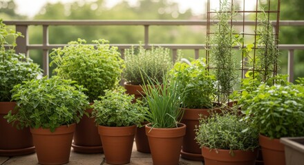 Vibrant Green Herb Garden in Terracotta Pots on a Sunny Balcony