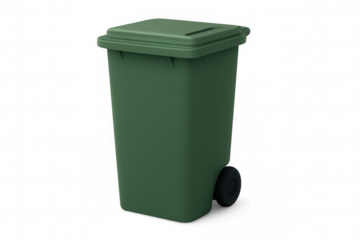 Green plastic recycling bin standing open, displaying wheels and lid, emphasizing environmental waste management on clean transparent backdrop