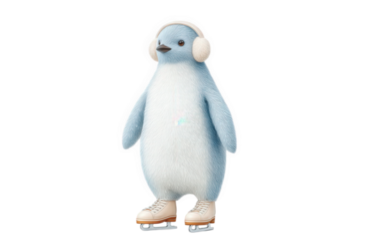 Cute cartoon penguin wearing earmuffs and ice skates isolated on transparent background - Powered by Adobe