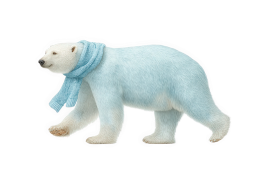 Cute polar bear wearing a blue scarf, isolated on transparent background