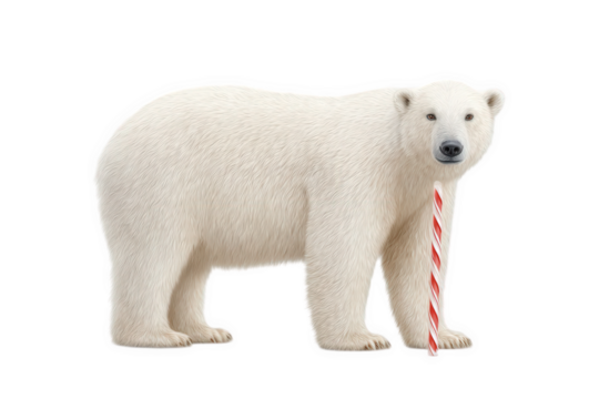 Polar bear wearing a red and white striped tie, isolated on transparent background - Powered by Adobe