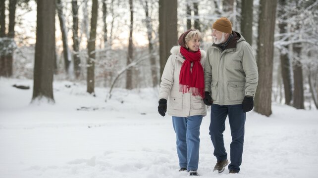 Happy senior couple walking arm in arm through a snowy winter forest, enjoying love, togetherness, and nature during a romantic winter walk in the woods