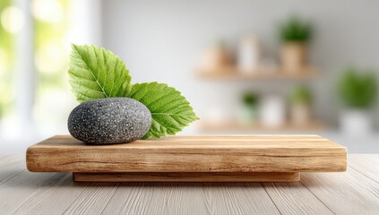 Wooden platform with gray stone and leaves, blurred background