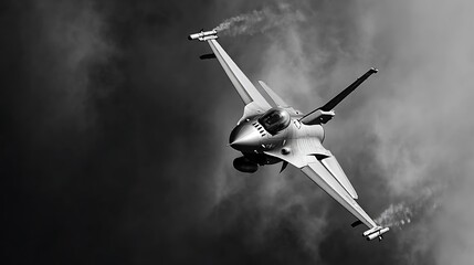 Fighter jet performing a dramatic inverted maneuver against a smoky sky