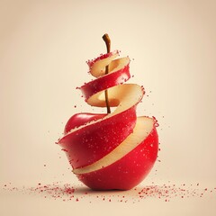 Fresh apple with spiraled peel forming a triangle shape on smooth background