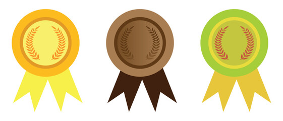 "Gold Silver Bronze Medal Set – 3D Illustration and Flat Vector Icons of Winner Awards with Ribbons, First Second Third Place Champion Trophy