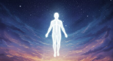 Glowing figure floating in night sky