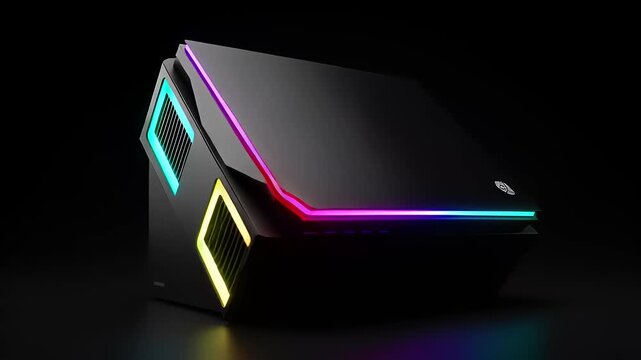 A modern, high-performance gaming computer tower with a sleek, futuristic black chassis and vibrant, customizable neon light accents