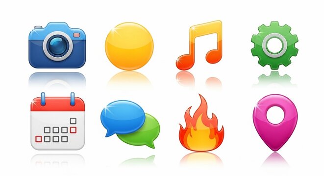 Diverse Icon Collection: A vibrant array of eight uniquely designed icons, each representing a different digital function, including a camera, calendar, music note, and conversation bubbles.