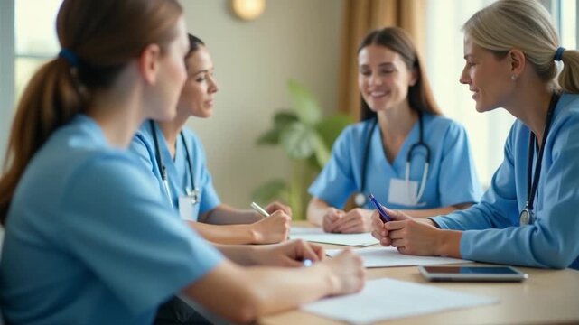 A group of nurses gathered around a table, discussing patient care and treatment options