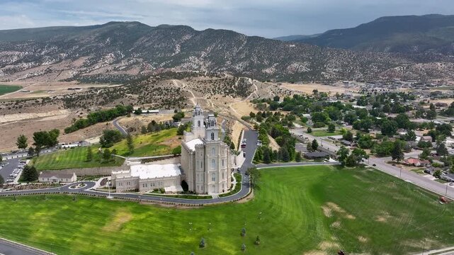 Aerial Manti Utah LDS Temple mountain Valley circle 2.  The Church of Jesus Christ of Latter-day Saints, LDS, Mormon religion. Pioneer built construction. Complete in 1888 Christian religious.