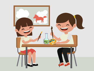 Cute flat illustration of two happy girls painting together in art class, creating colorful artwork in a cheerful school environment.
