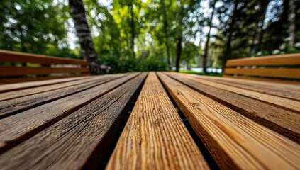 Fototapeta premium Wooden picnic table, park view