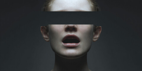 Surreal portrait of woman with censored black bar across eyes and open mouth symbolizing restriction, fear and social issues - AI generated