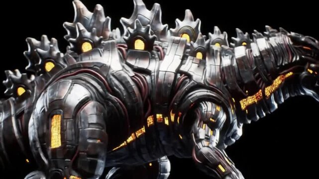 Detailed close-up of a giant robotic dinosaur-like creature, a terrifying cyborg menace with armored plates and glowing energy cores