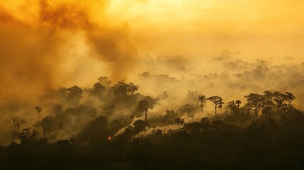 Amazon Rainforest Burning at Dusk