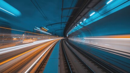 A blurred view of train tracks in a tunnel with motion blur and light trails, creating a sense of speed and movement in the urban environment