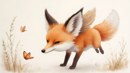 Obraz premium Cute Flying Fox with Butterflies in a Soft, Ethereal Landscape, day